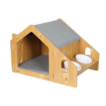 PaWz Wooden Pet House Cat Kennel Elevated Double Feeder Raised Feeding Bowls Petsleisure